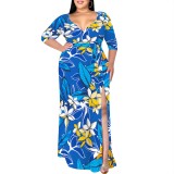 1 Piece Custom Casual Print V Neck Plus Size Maxi Dress