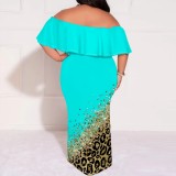 Casual Print Pleated Off Shoulder Plus Size Long Dresses