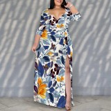 1 Piece Custom Casual Print V Neck Plus Size Maxi Dress