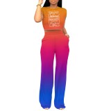 1 Piece Custom Casual Print Letter Gradient Color Short Sleeve Pant Set