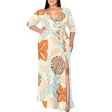 1 Piece Custom Casual Print V Neck Plus Size Maxi Dress