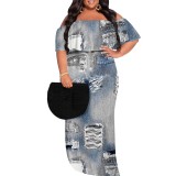 Casual Print Pleated Off Shoulder Plus Size Long Dresses