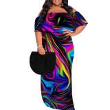 Casual Print Pleated Off Shoulder Plus Size Long Dresses