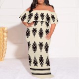 1 Piece Custom Casual Print Off Shoulder Plus Size Maxi Dress