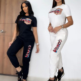 Casual Women's Printed Letter Short Sleeve Sportswear Set with Pockets