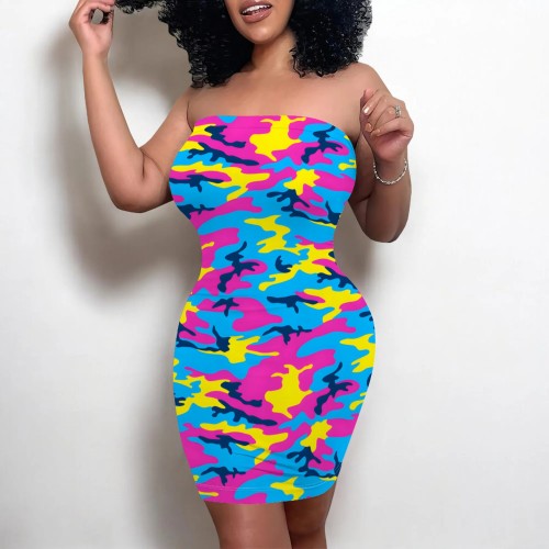 1 Piece Custom Casual Print Camouflage Strapless Bodycon Dress