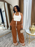 Loose Striped Contrast Wide Leg Trousers With Pocket