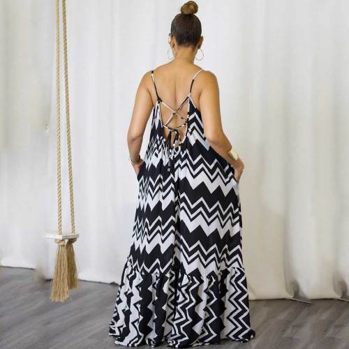 Casual Straps Printed Backless Long Dress