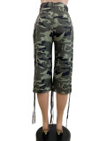 Summer Camou Drawstring Overalls Straight High Waist Cropped Pants