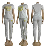 Casual Embroidered Short Sleeve Trousers Sweatshirts Set
