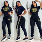 Casual Embroidered Short Sleeve Trousers Sweatshirts Set