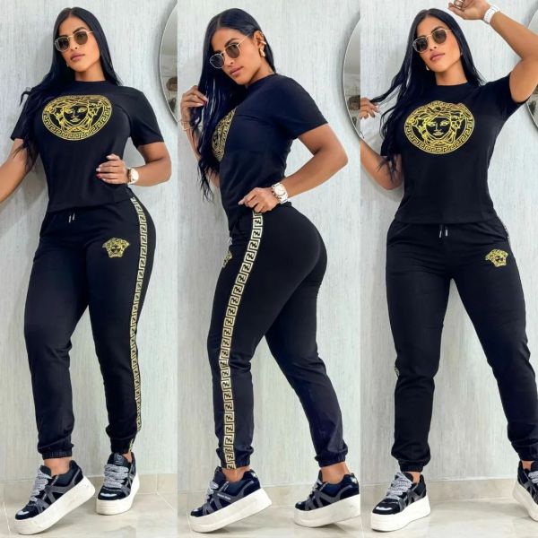 Casual Embroidered Short Sleeve Trousers Sweatshirts Set