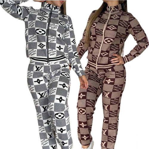 Casual Printed Zipper High Neck Two Piece Pant Set