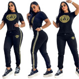 Casual Embroidered Short Sleeve Trousers Sweatshirts Set