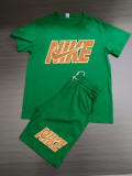 Summer High Quality Cotton Mens Print O Neck Sportswear Shorts Set