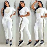 Casual Embroidered Short Sleeve Trousers Sweatshirts Set