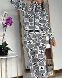 Casual Printed Zipper High Neck Two Piece Pant Set