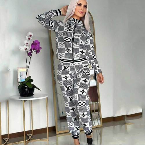 Casual Printed Zipper High Neck Two Piece Pant Set