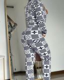 Casual Printed Zipper High Neck Two Piece Pant Set