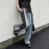 Casual Trousers Leopard Print Wide Leg Pants Splicing High Waist Jeans