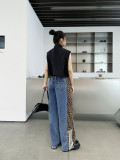 Casual Trousers Leopard Print Wide Leg Pants Splicing High Waist Jeans
