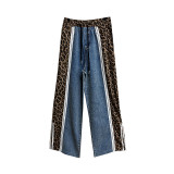 Casual Trousers Leopard Print Wide Leg Pants Splicing High Waist Jeans
