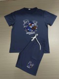 Summer High Quality Cotton Mens Print O Neck Sportswear Shorts Set