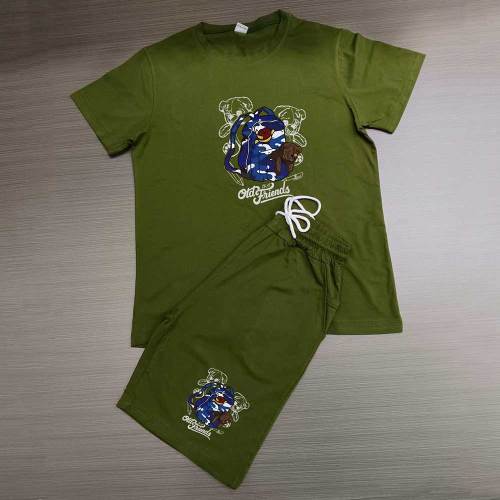 Summer High Quality Cotton Mens Print O Neck Sportswear Shorts Set