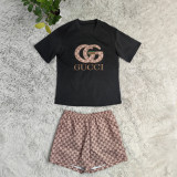 Summer Embroidery + Printed Cool silk Short Sleeve Shorts Set