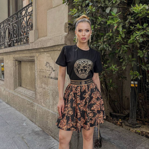 Fashion Hot Stamping Short Sleeves T-shirt Webbing Printed Skirt