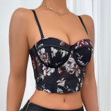 Floral Print Trim Bustier Bra Corset Crop Cami Top