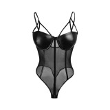 Women Leather Bodysuit Club Straps PU Romper Lace Teddy Lingerie Babydoll