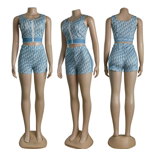 Sexy Printed Sleeveless Crop Vest Shorts Set