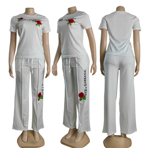 Casual Printed Short Sleeve Sweatshirt Pant Set
