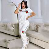 Casual Printed Short Sleeve Sweatshirt Pant Set