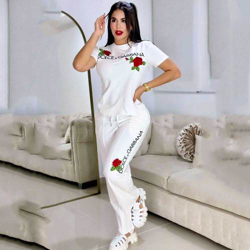 Casual Printed Short Sleeve Sweatshirt Pant Set
