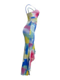 Fashion V-neck Print Ruffled Bodycon Dress