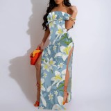 1 Piece Custom Casual Printed Off Shoulder Slit Long Dresses