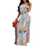 1 Piece Custom Casual Printed Off Shoulder Slit Long Dresses