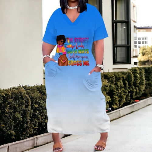 1 Piece Custom Casual Print V Neck Plus Size Maxi Dress