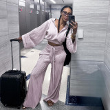 Casual Long Sleeve Tracksuits Sets Sexy Crop Tops Pants Set Sweatsuits