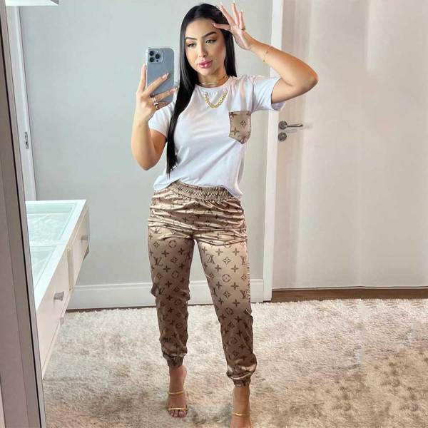 Casual Printed Short Sleeve Blouse and Cropped Legs Long Pants