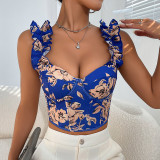 Floral Print Ruffle Trim Crop Cami Top