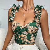 Floral Print Ruffle Trim Crop Cami Top