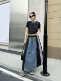 Retro Denim Side Striped Splicing Loose Long A-line Skirt