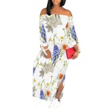 1 Piece Custom Casual Print Off Shoulder Slit Maxi Dresses