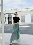 Retro Denim Side Striped Splicing Loose Long A-line Skirt