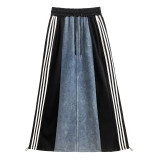 Retro Denim Side Striped Splicing Loose Long A-line Skirt