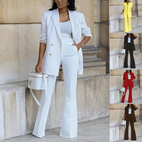 Women 2 Pieces Lapel Collar with Wide Leg Work Pants Business Office Suit Set