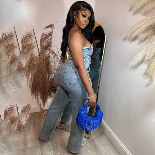 Stretch Denim Embroidered Tube Top Strapless Jumpsuit